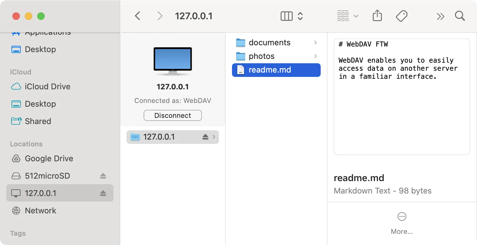 Screenshot of macOS finder accessing WebDAV server